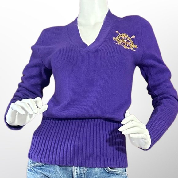 Ralph Lauren Sport Crest V Neck Sweater Purple Knit Ribbed Preppy Polo Pony S - Picture 1 of 5